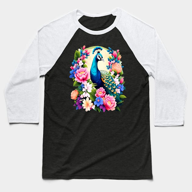 A Cute Peacock Surrounded by Bold Vibrant Spring Flowers Baseball T-Shirt by BirdsnStuff